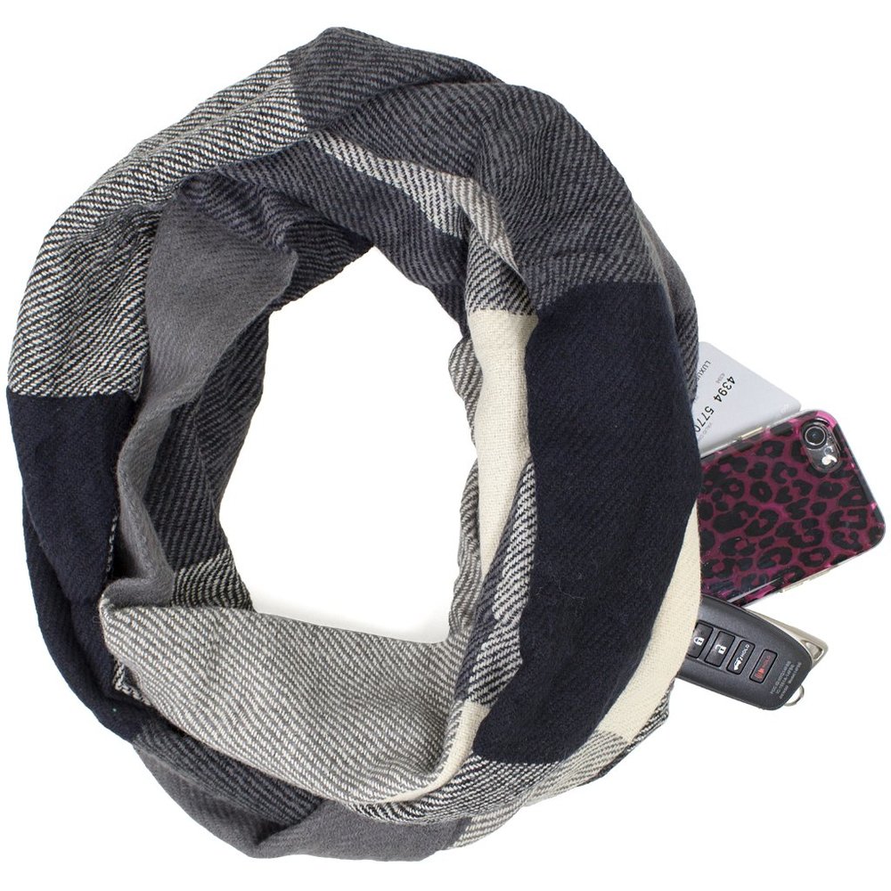 Grey Plaid Infinity Scarf with Hidden Zipper Pocket Scarf